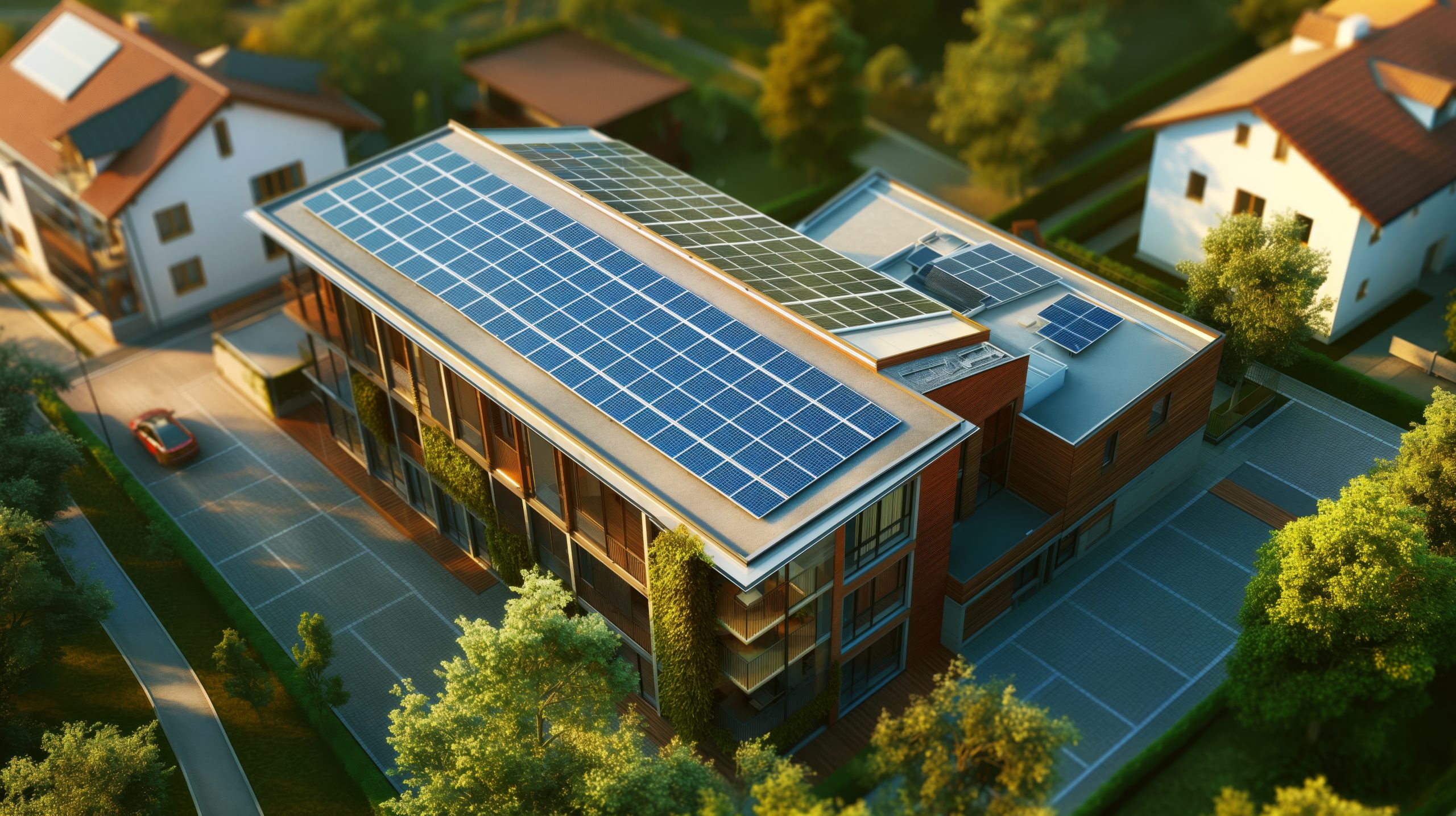 Aerial view of modern sustainable architecture with solar panels on rooftops of residential and commercial buildings.